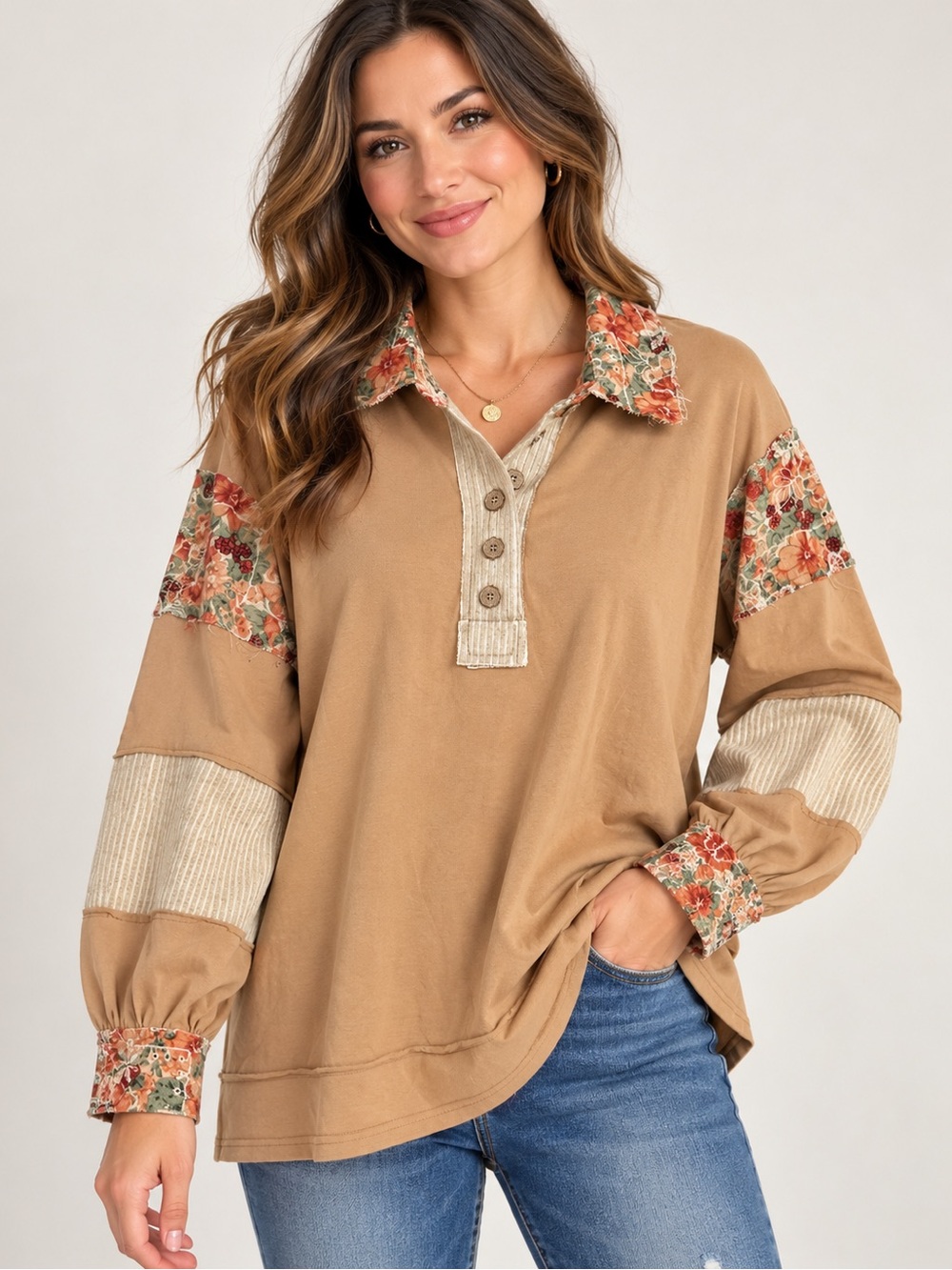 POL Tan Floral-Accent Henley Long Sleeve Top